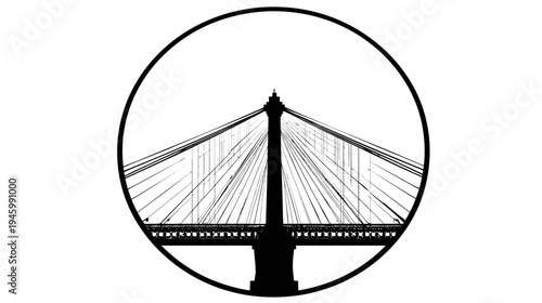 A stylized black and white illustration of a suspension bridge enclosed within a circle