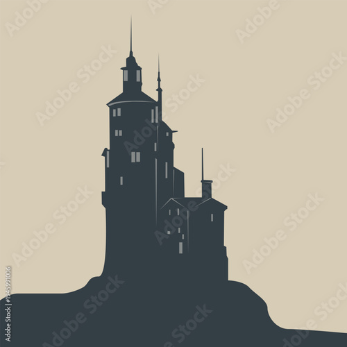 A silhouette of a castle with tall, narrow towers on a hill against a beige background. Vector illustration for vintage architectural design.