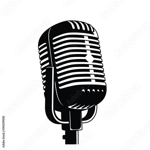 Vintage microphone illustration in black and white with a classic design