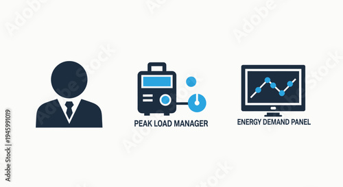 Icons for energy management: user profile, peak load manager, and energy demand panel for smart grid and utility concepts