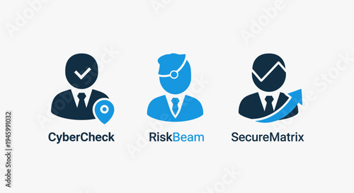 Three modern icons representing cybersecurity, risk management, and secure data solutions for business and technology concepts