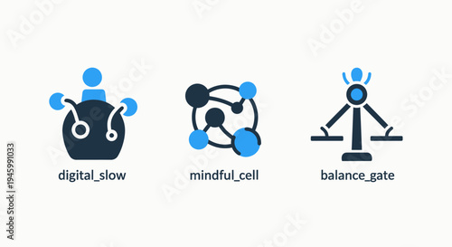 Icons symbolizing digital connection, molecular structure, and balance scale for science, health, and equilibrium concepts