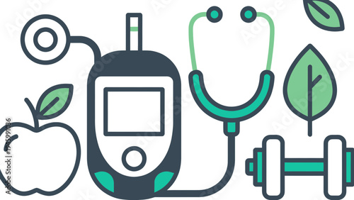 Diabetes Management and Healthy Lifestyle Icons vector illustration
