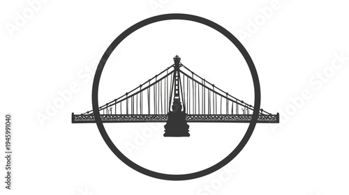 Stylized line drawing of a suspension bridge enclosed within a dark circular border on a white background
