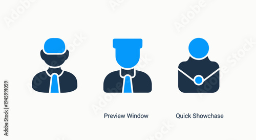 User icons set: business man, professional, and client profile. minimalist blue and dark gray icons on white background