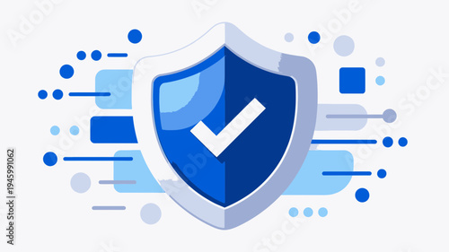 Secure Technology Shield with Check Mark and Data Stream vector illustration