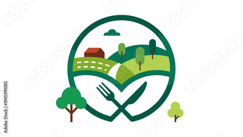 Farm to Table Logo with Rustic Landscape and Utensils vector illustration