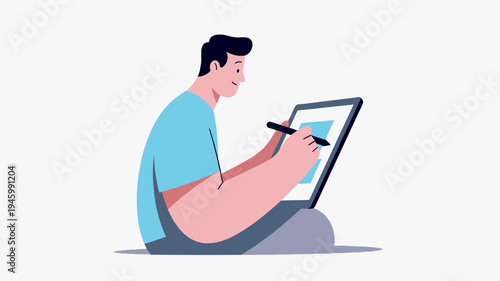 Young Man Drawing on a Digital Tablet vector illustration