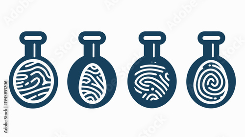 Four stylized dark blue flasks, each containing a unique white fingerprint pattern, isolated on white