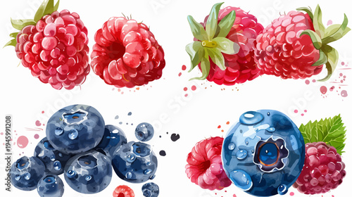 Watercolor illustration of a collection of fresh raspberries and blueberries with water droplets