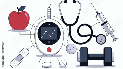 Diabetes Management Healthy Lifestyle and Medical Tools vector illustration