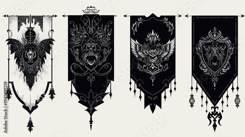 Four detailed, stylized black and white fantasy banners with heraldic elements, gothic designs
