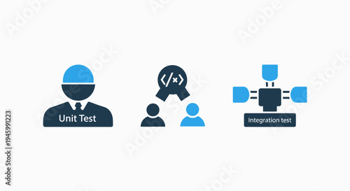 Software development icons: unit test, integration, and code