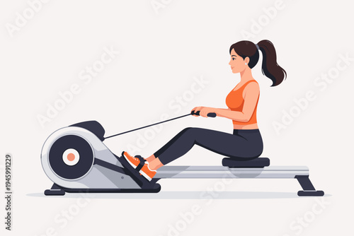 Flat vector illustration of a young woman exercising on a rowing machine ergometer for cardio fitness. Healthy lifestyle, indoor gym workout, strength training, and sports concept design.