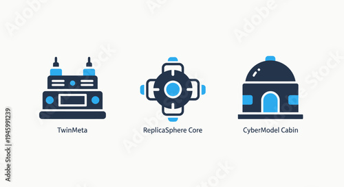 Technology and infrastructure icons: machine, core, and cabin