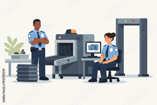 Airport Security Checkpoint with Professional Male and Female Officers in Uniform Standing by an X-ray Baggage Scanner and Metal Detector Gate for Passenger Luggage Screening Illustration.