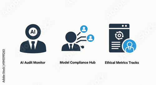 Ai and compliance icons: audit, hub, and ethical tracking