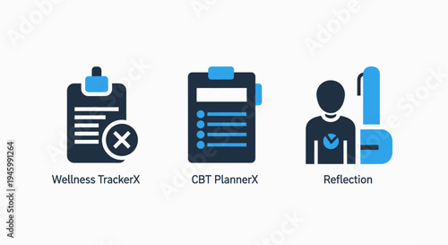 Health and self-care icons: wellness tracker, cbt planner, and reflection