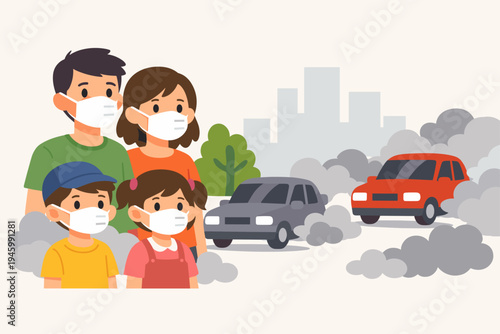 Family Wearing Protective Face Masks to Prevent Air Pollution from Car Exhaust and Urban Smog, Parents and Children Protecting Health from Toxic Smoke and Environmental Dust in the City Vector