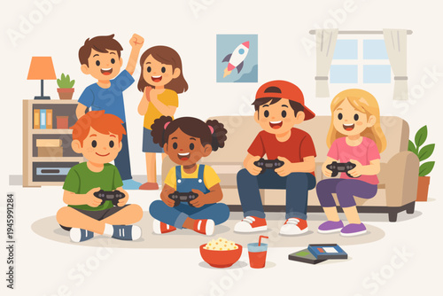 Diverse group of happy children and friends playing video games together in a cozy living room with controllers, popcorn, and snacks, flat vector illustration of kids gaming and having fun indoors.