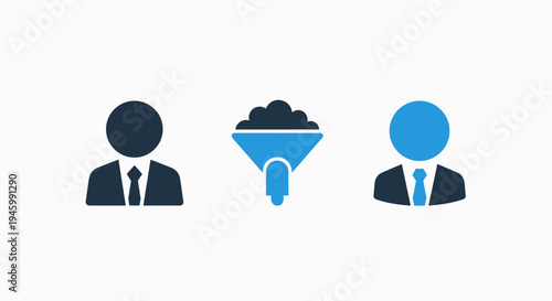 Business people icons with funnel symbol representing recruitment, filtering, and candidate selection concepts, human resources