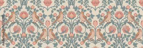 Seamless vintage floral pattern with birds, flowers and foliage in classic Arts and Crafts style. Detailed ornamental botanical design inspired by historic British textiles and traditional decorative 