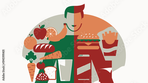 Healthy Vs Unhealthy Food Choice Split Person vector illustration