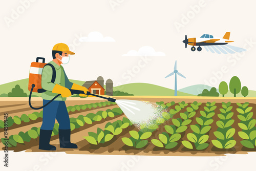 Farmer Wearing Protective Mask and Gloves Spraying Pesticides on Green Crops with Backpack Sprayer and Crop Duster Plane Flying Over Rural Farm Landscape Flat Vector Illustration