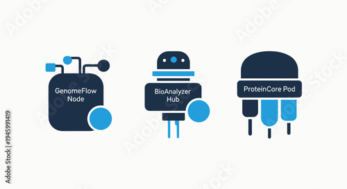 Genome flow node, bioanalyzer hub, and protein care pad icons on white background