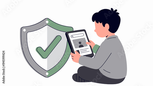 Child Using Tablet With Security Shield Icon vector illustration