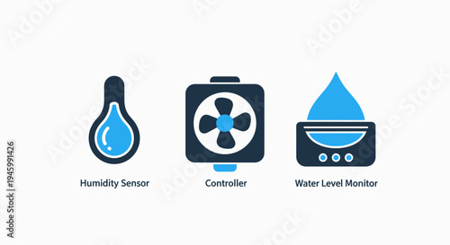 Humidity sensor icon, fan controller icon, and water level monitor icon on white background