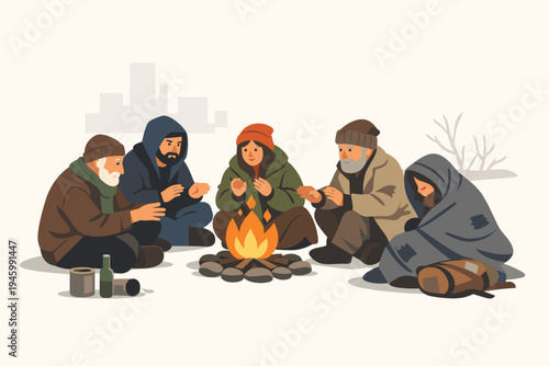 Homeless People Sitting Around a Campfire to Keep Warm in Winter, Flat Vector Illustration of a Group of Men and Women in Rags Warming Their Hands by a Fire with City Skyline Background
