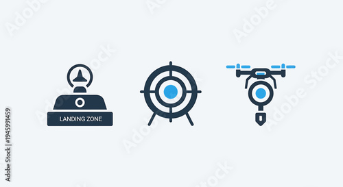Landing zone icon, target icon, and drone icon with hook on white background