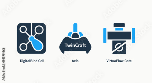 Abstract icons for digital cell, axis, and virtual gate representing technology, science, or industrial processes