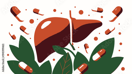Healthy Liver Surrounded By Pills and Green Leaves vector illustration