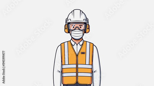 Construction Worker Wearing Full Personal Protective Equipment and Face Mask vector illustration