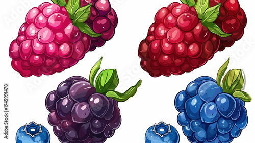 Colorful illustrated image featuring four varieties of berries with green leaves. Berries are isolated
