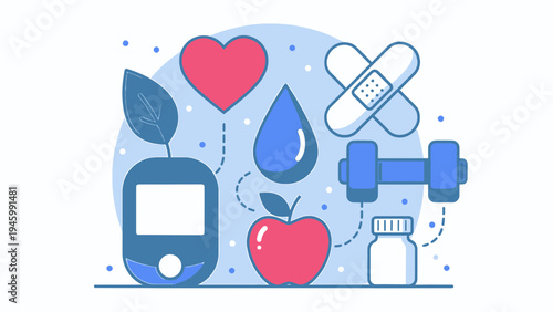 Diabetes Management Health Icons and Medical Supplies vector illustration