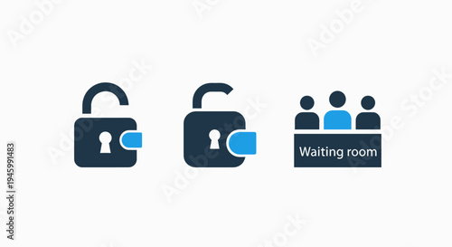 Security lock and waiting room icons: concept of access control and patient services with white background