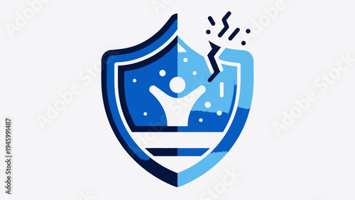 Broken Shield With Person Inside Representing Vulnerability And Damage vector illustration