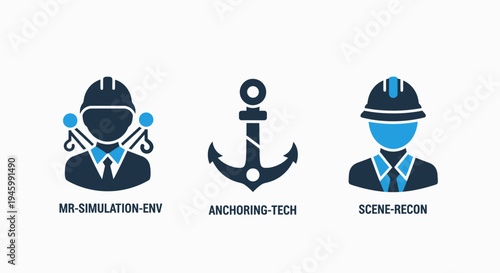 Icons for engineering and maritime: simulation, anchoring, and scene reconnaissance, white background