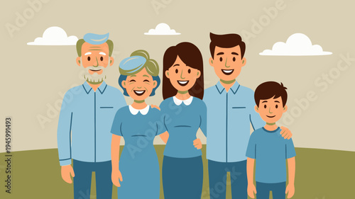 Happy Multi-Generational Family Posing Together Outdoors vector illustration