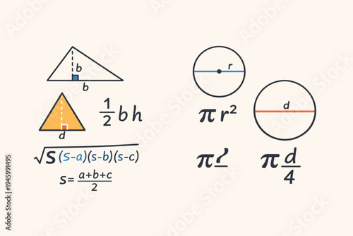 Mathematical Formulas for Calculating the Area of Triangles and Circles Vector Illustration Featuring Heron's Formula, Base and Height Equations, Pi Radius Squared, and Geometry Education Icons