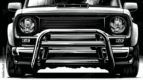 Monochrome illustration of a rugged vehicle's front, highlighting the bumper, lights, and grill