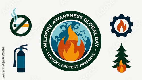 Wildfire Awareness Global Day - Prevention Icons  Emblem vector illustration