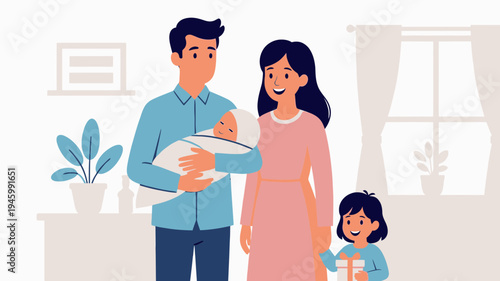 Happy Family with Newborn Baby and Older Child vector illustration