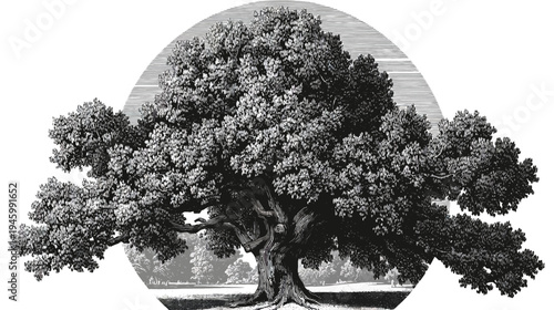 A grand oak tree in monochrome, encircled by a half-circle, set against a distant landscape