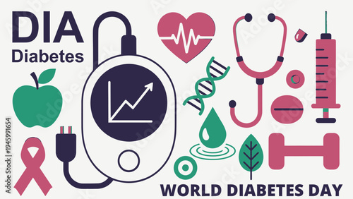 World Diabetes Day Concept Banner with Medical Icons vector illustration