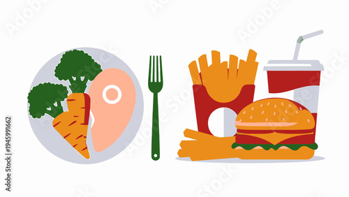Healthy Food vs Junk Food Comparison vector illustration