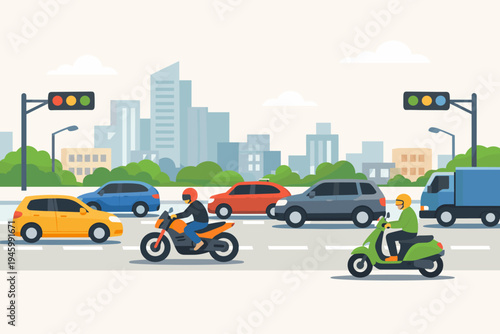 Flat vector illustration of busy city traffic with colorful cars, motorcycles, and a truck driving on a multi-lane road against a backdrop of urban skyscrapers, trees, and traffic lights.